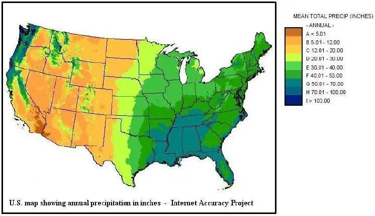 U.S. map showing annual precipitation in inches